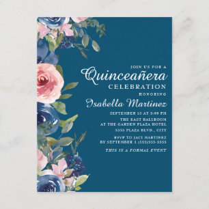 Invitation Marine Bleu Flore Vert Feuilles Quinceañera