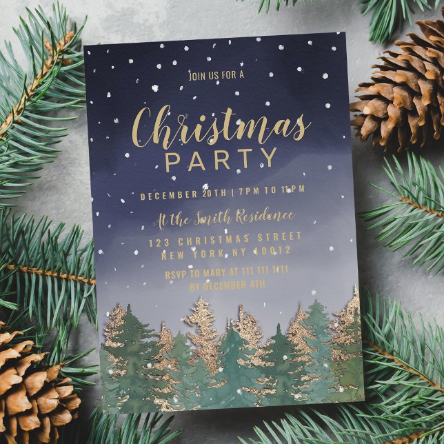 Invitation Marine Bleu hiver Aquarelle neige arbres Noël (Navy Blue Winter Watercolor Snow Trees Christmas Invitation )