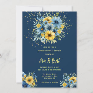 Invitation Marine Bleu Jaune Floral Or Mariage Couple Douche