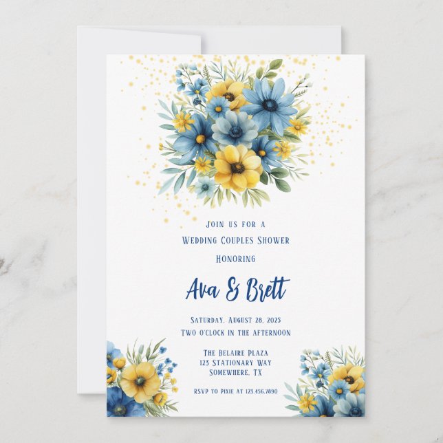 Invitation Marine Bleu Jaune Floral Or Mariage Couple Douche (Devant)