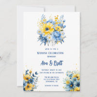 Marine bleu Jaune Peint Floral Mariage or