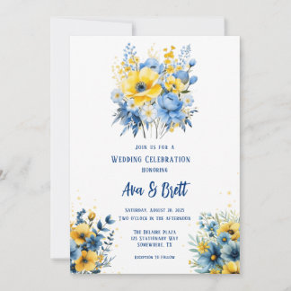 Invitation Marine bleu Jaune Peint Floral Mariage or