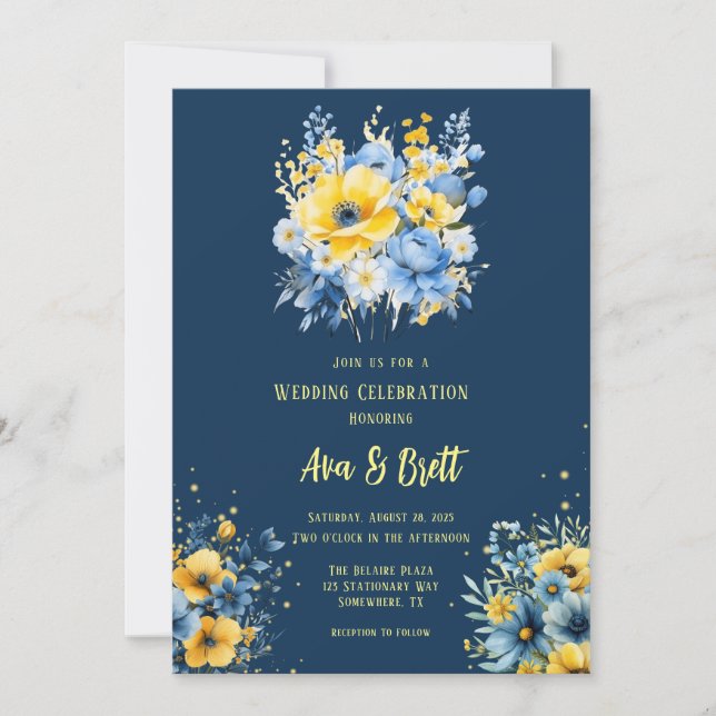 Invitation Marine bleu Jaune Peint Floral Mariage or (Devant)