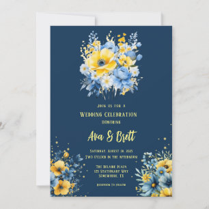 Invitation Marine bleu Jaune Peint Floral Mariage or