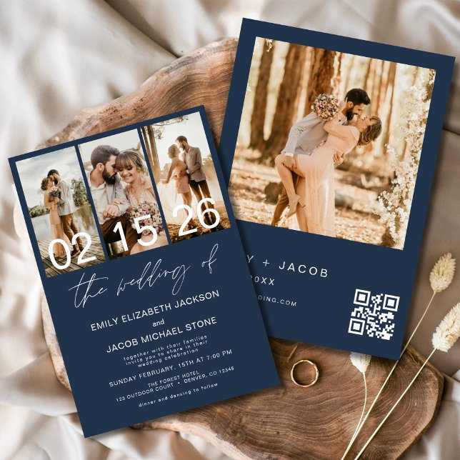 Invitation Marine Bleu Le Mariage de la photo Code QR Elégant (Créateur téléchargé)