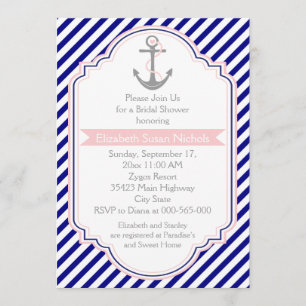 Invitation Marine bleu, mariage nautique rose douche nuptiale