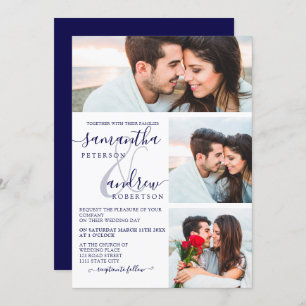 Invitation Marine bleu minimaliste script 3 photos mariage