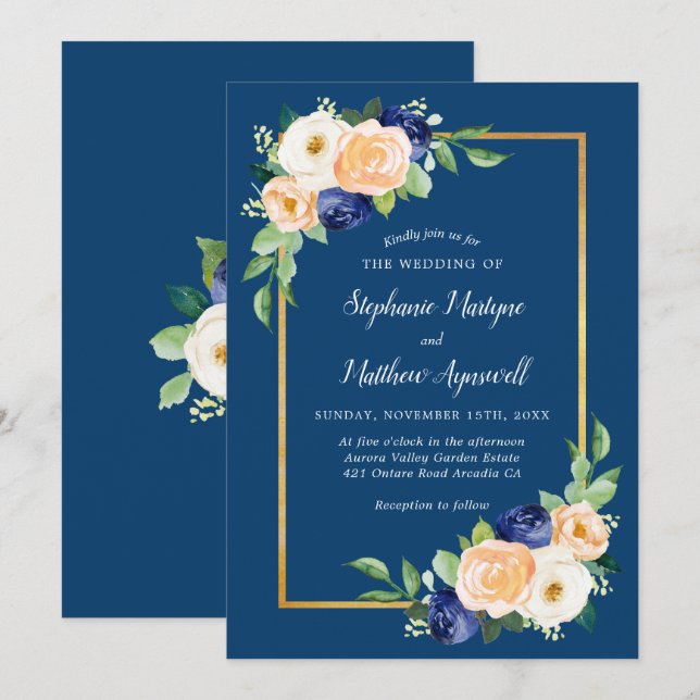 Invitation Marine bleu Moderne Floral Coral Mariage (Devant / Derrière)