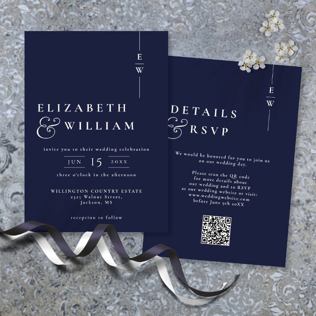 Invitation Marine bleu moderne Monogramme Mariage QR Code (Navy Blue Modern Monogram Wedding QR Code Invitation)