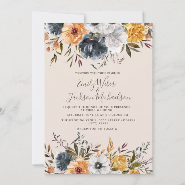 Invitation Marine bleu moutarde Jaune Floral Mariage (Devant)