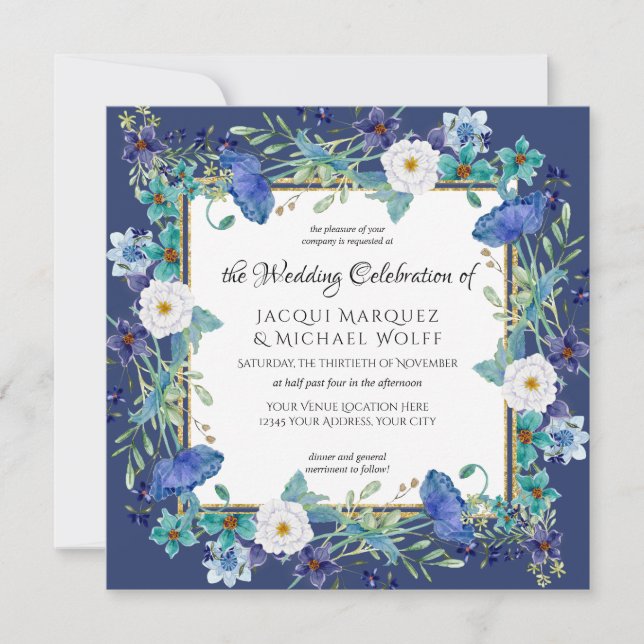 Invitation Marine bleu n or aquarelle Poppy Mariage floral (Devant)