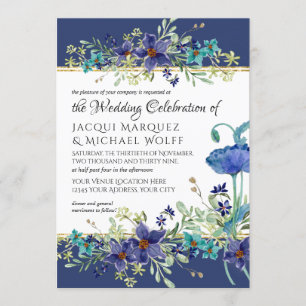 Invitation Marine bleu n or aquarelle Poppy Mariage floral