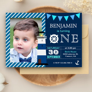 Invitation Marine Bleu Nautique Bébé Garçon 1er fête d'annive