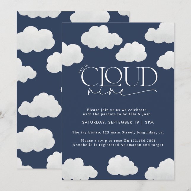 Invitation Marine bleu nuage neuf douche moderne design (Devant / Derrière)