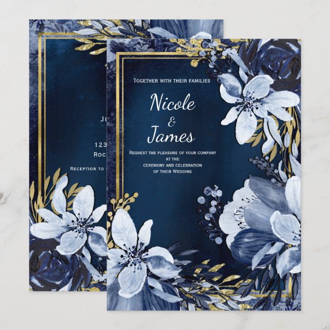 Invitation Marine bleu & or Aquarelle moderne Mariage floral (Devant / Derrière)