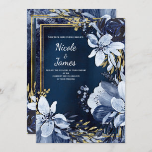Invitation Marine bleu & or Aquarelle moderne Mariage floral