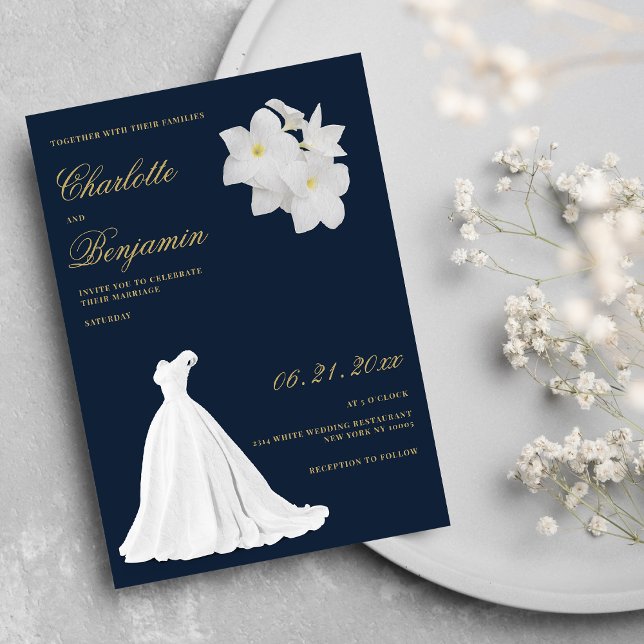 Invitation Marine bleu or blanc dentelle mariage robe mariage (Navy blue gold white lace wedding dress wedding)