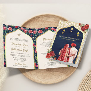 Invitation Marine bleu or rouge Floral tout en un Mariage sik