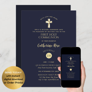 Invitation Marine Bleu Or Sainte Communion Baptême Confirmati