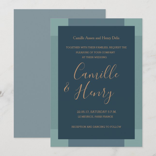 Invitation Marine bleu or turquoise élégant mariage moderne é (Devant / Derrière)