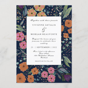 Invitation Marine bleu orange rose fleurs Printemps