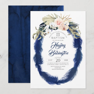 Invitation Marine Bleu Pampas Grass Tropical Floral Baptême