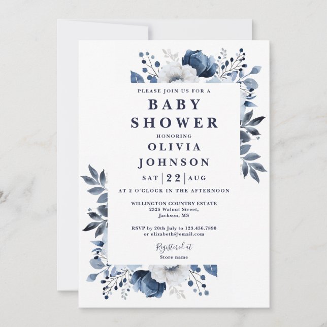 Invitation Marine Bleu Pays Élégant Baby shower Floral (Devant)