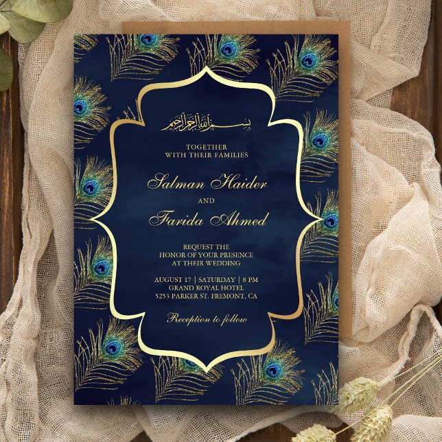 Invitation Marine bleu Peacock Feathers Mariage musulman (Créateur téléchargé)