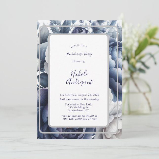 Invitation Marine Bleu Peonies & Roses Blanches Bachelorette  (Debout devant)