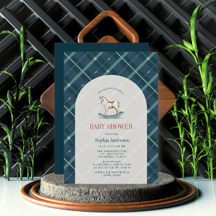 Invitation Marine Bleu Plaid Horse Rocse Baby shower garçon