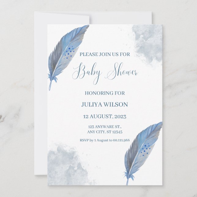 Invitation Marine bleu plumes simple garçon baby shower (Devant)