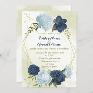 Invitation marine bleu poussiéreux fleurs vert feuille mariag