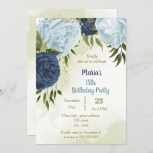 Invitation marine bleu poussiéreux fleurs vert feuilles anniv