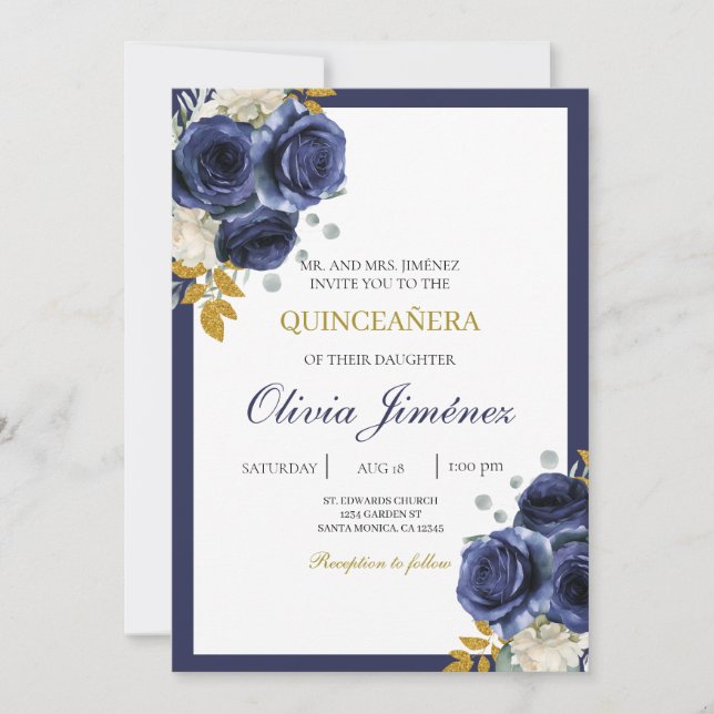 Invitation Marine bleu quinceañera (Devant)