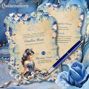 Invitation Marine bleu Quinceanera robe Roses floraux