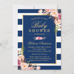 Invitation Marine Bleu rayures rose Floral Classal Baby showe