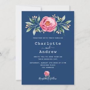 Invitation Marine bleu rose floral élégant mariage