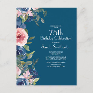 Invitation Marine bleu rose floral vert Feuilles 75e annivers