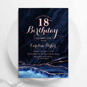 Invitation Marine Bleu Rose Gold Agate Marbre 18e anniversair