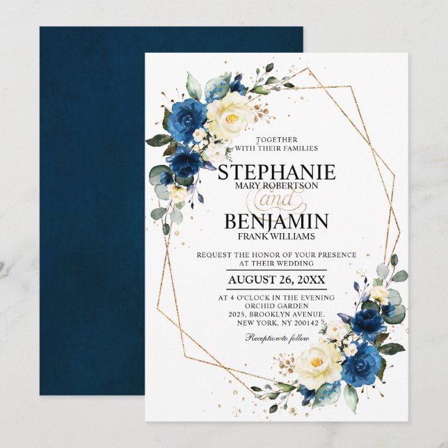 Invitation Marine bleu rose jaune Boho Mariage géométrique (Devant / Derrière)