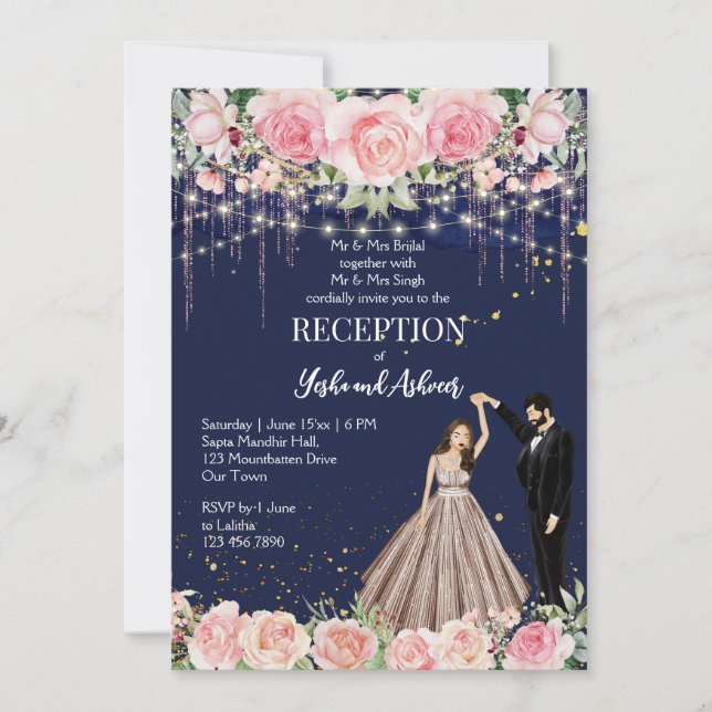 Invitation Marine bleu rose parties scintillant danse couple  (Devant)
