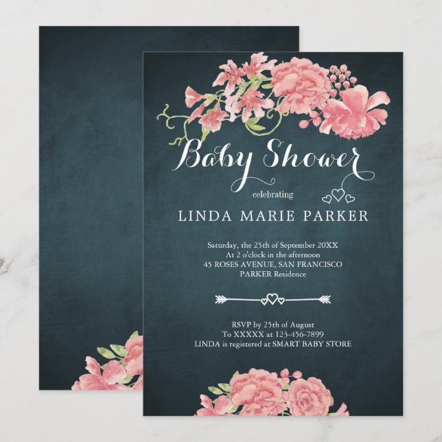 Invitation Marine bleu rose pivoines baby shower floral éléga (Devant / Derrière)
