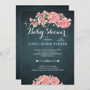 Invitation Marine bleu rose pivoines baby shower floral éléga