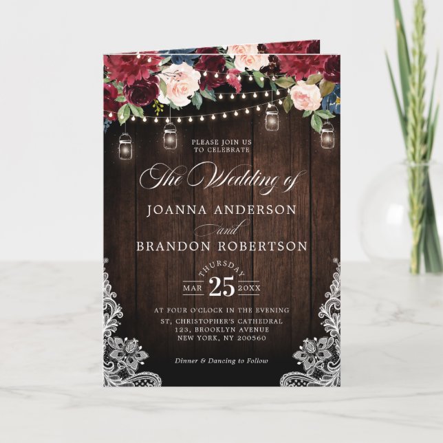 Invitation Marine Bleu rose rose rose Boho tout en un Mariage (Devant)