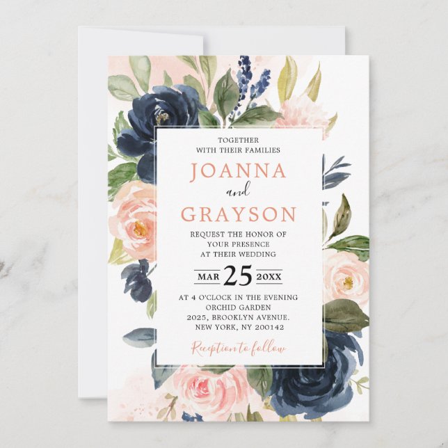 Invitation Marine bleu rose rose rose rose Boho Mariage géomé (Devant)