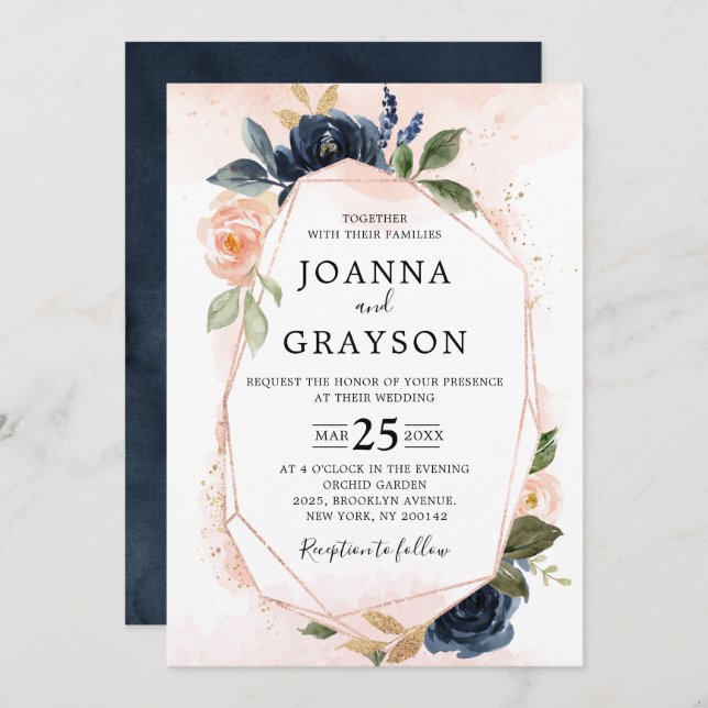 Invitation Marine bleu rose rose rose rose Boho Mariage géomé (Devant / Derrière)
