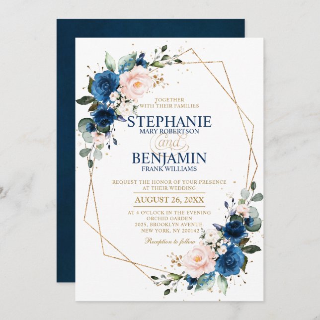 Invitation Marine bleu rose rose rose rose Boho Mariage géomé (Devant / Derrière)