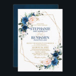 Invitation Marine bleu rose rose rose rose Boho Mariage géomé<br><div class="desc">Belle faire-part de mariage géométrique fleurie boho moderne dispose de graphismes floraux aquarelle peints à la main / roses dans les tons riches de bleu marine et rose rousse / pêche et charmante police de couleur or et bleu marine. Veuillez me contacter pour toute aide sur la personnalisation ou si...</div>
