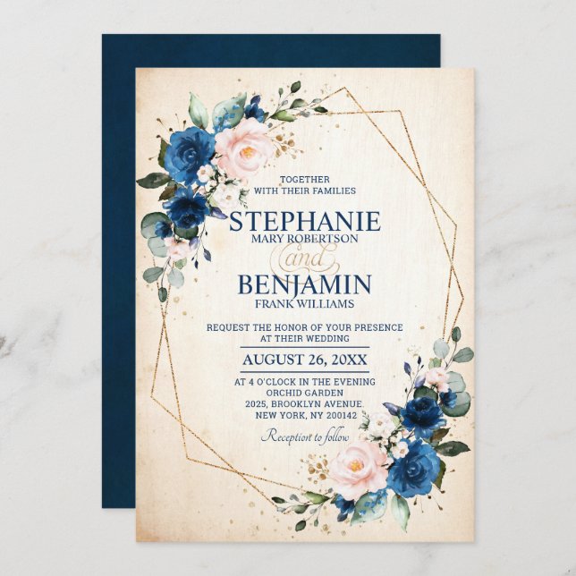 Invitation Marine bleu rose rose rose rose Boho Mariage géomé (Devant / Derrière)