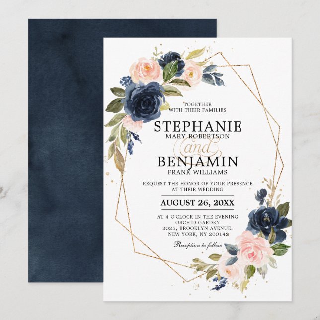 Invitation Marine bleu rose rose rose rose Boho Mariage géomé (Devant / Derrière)